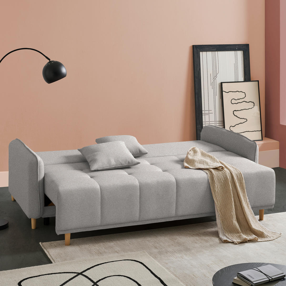 SCHLAFSOFA Chenille Hellgrau  - Buchefarben/Hellgrau, Design, Holz/Textil (217/97/101cm) - Carryhome