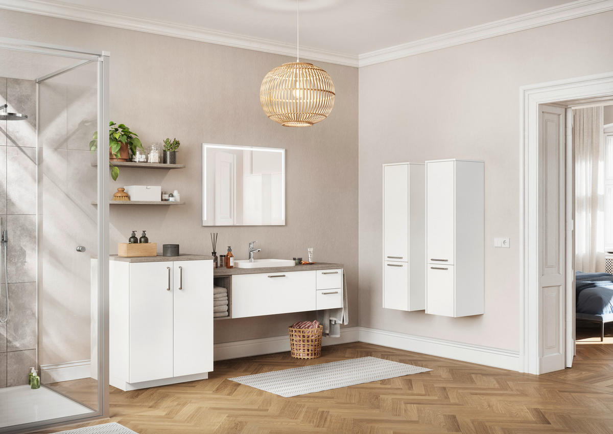 BADEZIMMER 3-teilig  in 81 cm  - Edelstahlfarben/Weiß Hochglanz, MODERN, Holzwerkstoff/Stein (81cm) - Nobilia