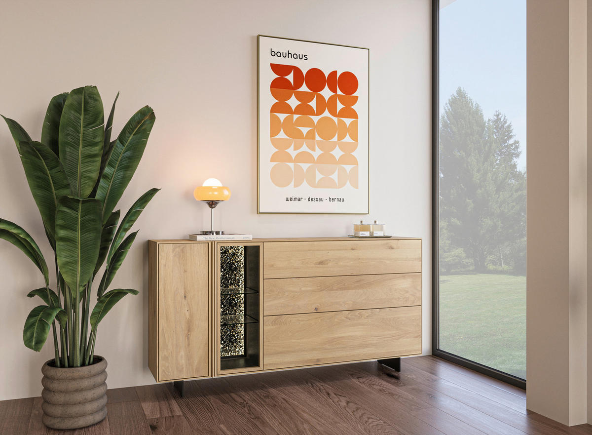 SIDEBOARD Eichefarben  189/97/41 cm  - Eichefarben/Schwarz, Natur, Glas/Leder (189/97/41cm) - Cassando