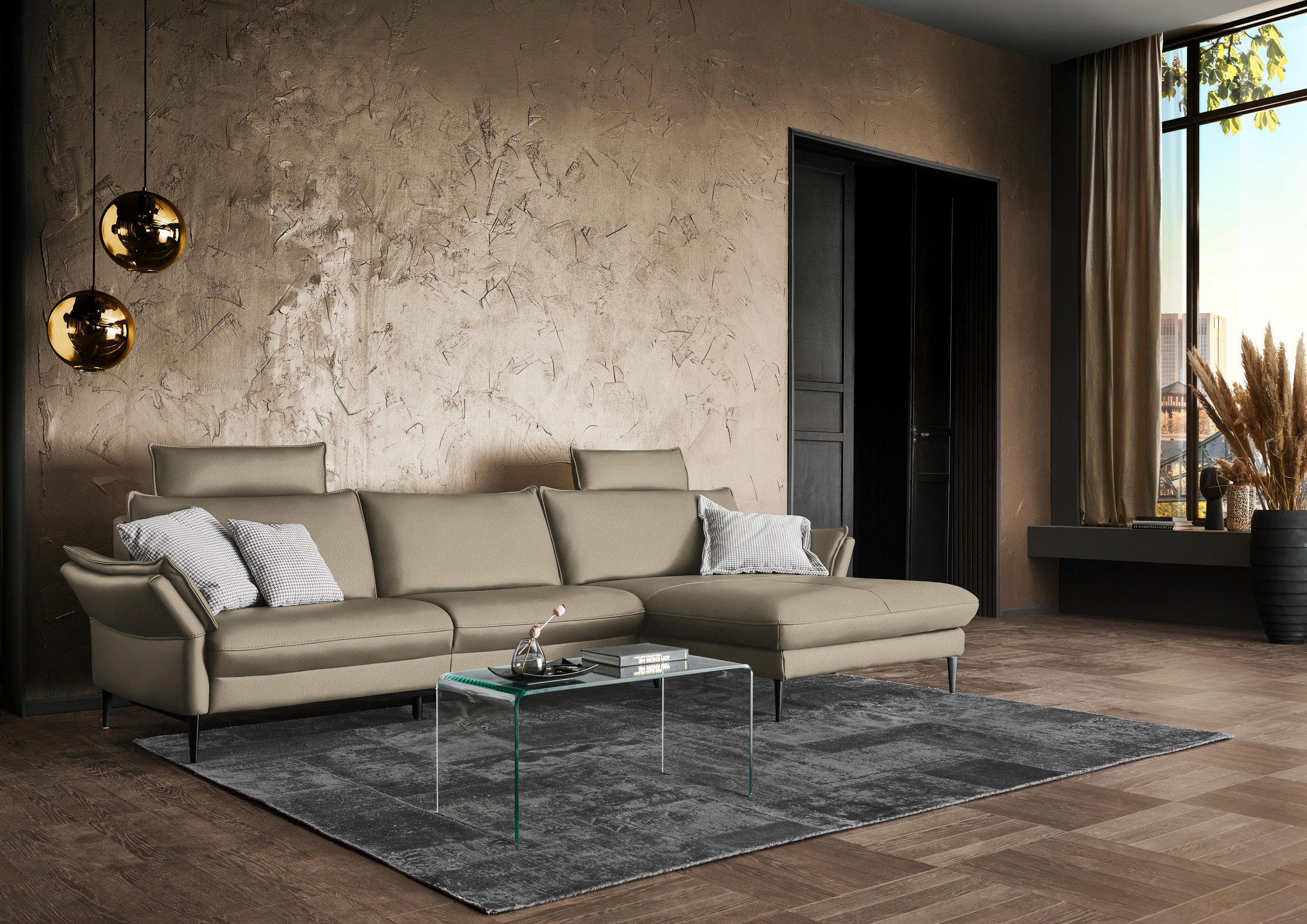 ECKSOFA in Echtleder Greige  - Greige/Schwarz, Design, Leder/Metall (334/172cm) - Hukla