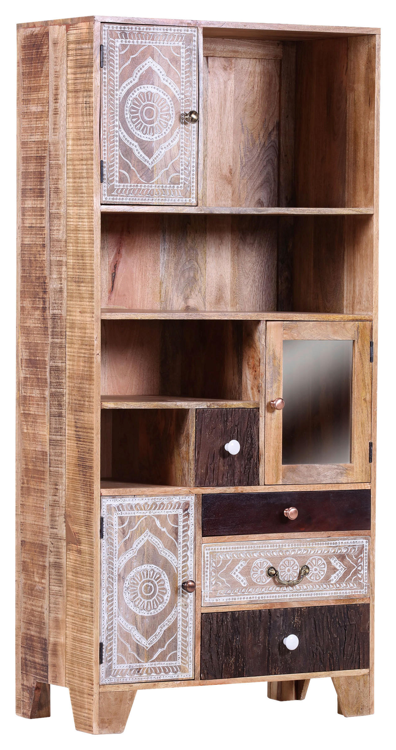 REGAL Akazie, Mangoholz massiv Braun, Multicolor, Naturfarben, Weiß  - Messingfarben/Multicolor, Design, Holz/Metall (80/170/44cm) - Landscape