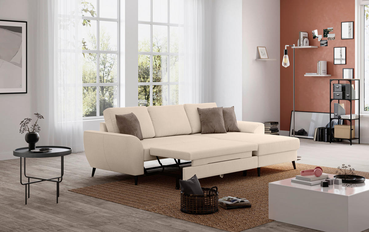 ECKSOFA Chenille Naturfarben  - Schwarz/Naturfarben, Trend, Textil/Metall (255/154cm) - MID.YOU