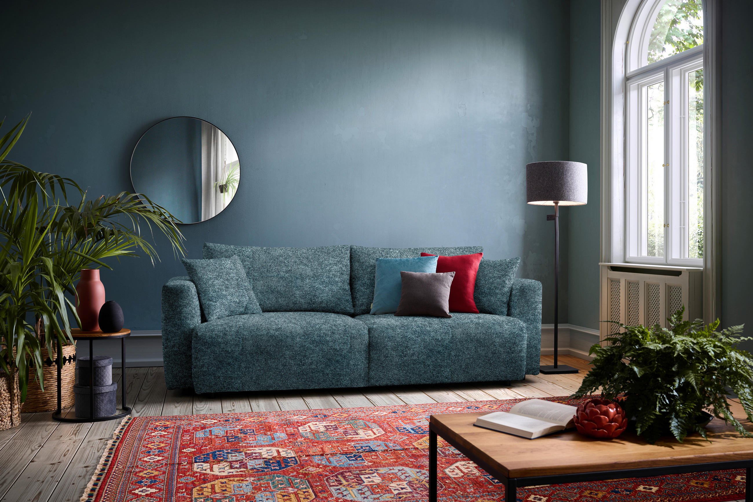 SCHLAFSOFA  mit Stoffauswahl, Schlafen auf Sitzhöhe, Rücken echt Velours Pastellblau  - Pastellblau/Schwarz, Design, Kunststoff/Textil (250/92/105cm) - Carryhome