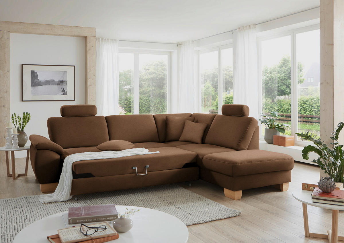 ECKSOFA in Mikrofaser Braun  - Wildeiche/Beige, Natur, Holz/Textil (286/236cm) - Voleo