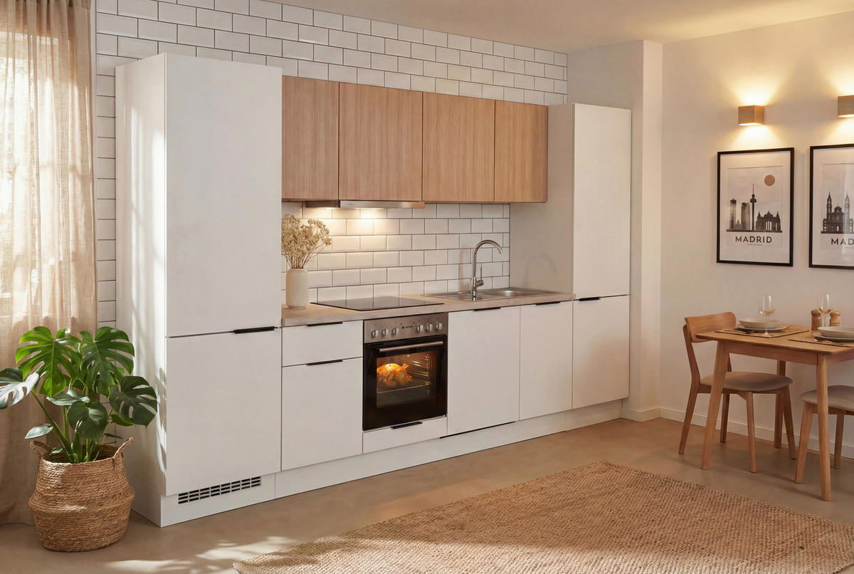 KÜCHENBLOCK 340 cm  in Weiß, Eichefarben  - Eichefarben/Beige, Design, Holzwerkstoff/Metall (340cm) - P & B