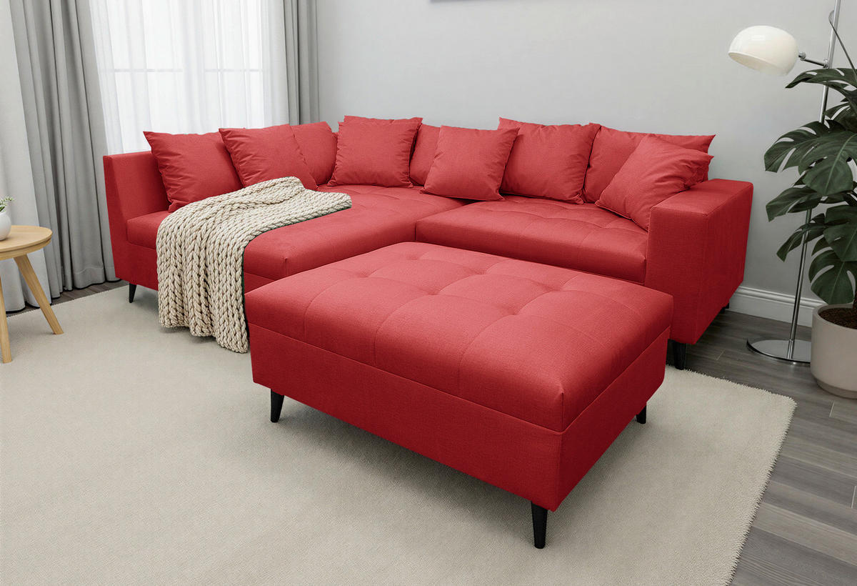 Ecksofa inkl. Hocker Rot Mikrofaser  - Rot/Schwarz, Design, Holz/Textil (174/247cm) - MID.YOU