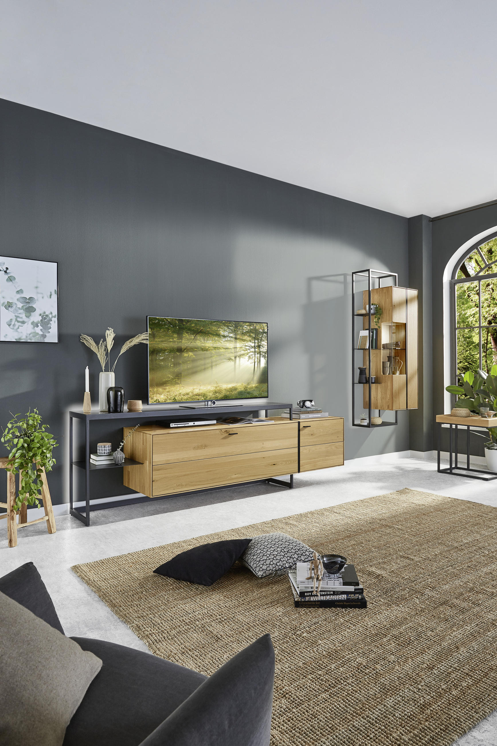 HIGHBOARD  in 129,3/158/41,1 cm  - Eichefarben/Schwarz, Natur, Glas/Holz (129,3/158/41,1cm) - Valnatura