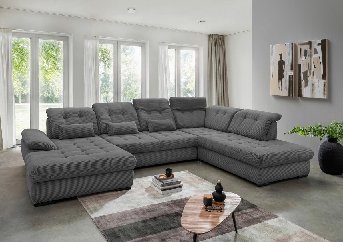 SALON PANORAMIQUE in Cord Grau  - gris/noir, Modern, textile/métal (184/387/252cm) - Livetastic