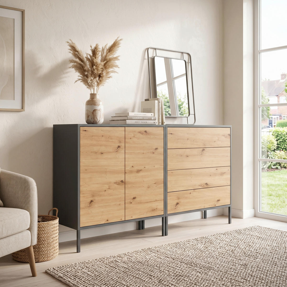 SIDEBOARD Mailand Set 3 + MF 158/86/33 cm 4 Schublade(n)  - Anthrazit/Eiche Artisan, MODERN, Holzwerkstoff/Metall (158/86/33cm) - MID.YOU