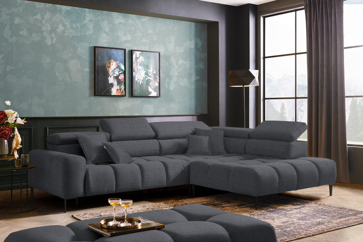 ECKSOFA Grau Samt, Webstoff  - Schwarz/Grau, Design, Textil/Metall (300/216cm) - Welnova