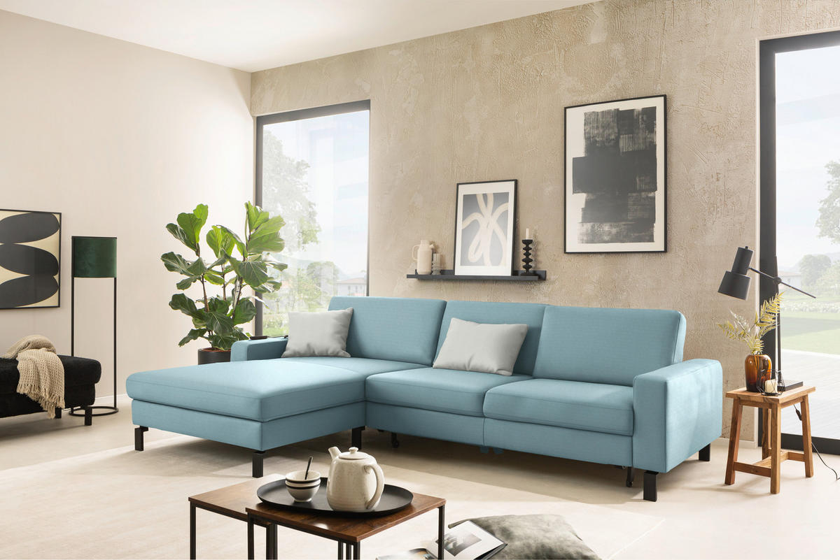 ECKSOFA  in Cord Hellblau Rücken echt, Sitztiefenverstellung  185/298 cm  - Schwarz/Hellblau, Design, Textil/Metall (185/298cm) - Pure Home Lifestyle