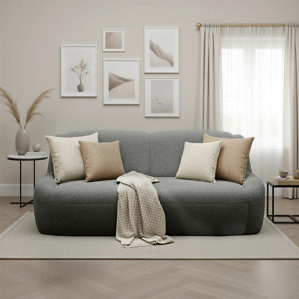 3-SITZER-SOFA 100 034 Chenille Graphitfarben  - Creme/Schwarz, MODERN, Kunststoff/Textil (197/82/93cm) - Livetastic