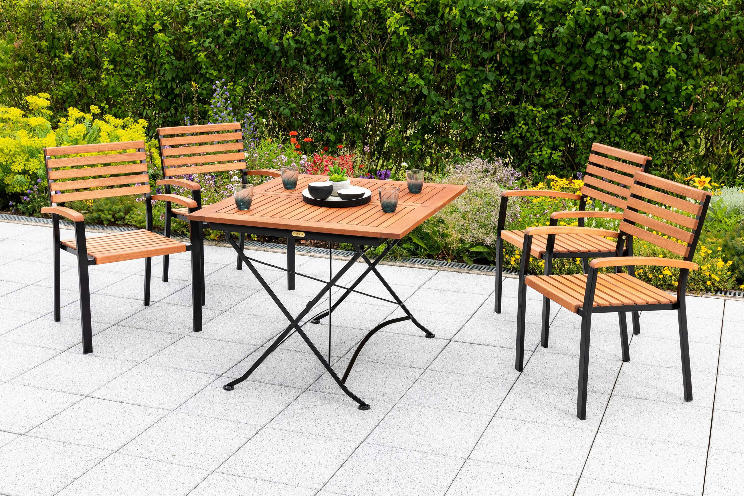 GARTENTISCHGRUPPE Eukalyptusholz Hartholz Stahl  - Schwarz/Naturfarben, KONVENTIONELL, Holz/Metall - Gardenson