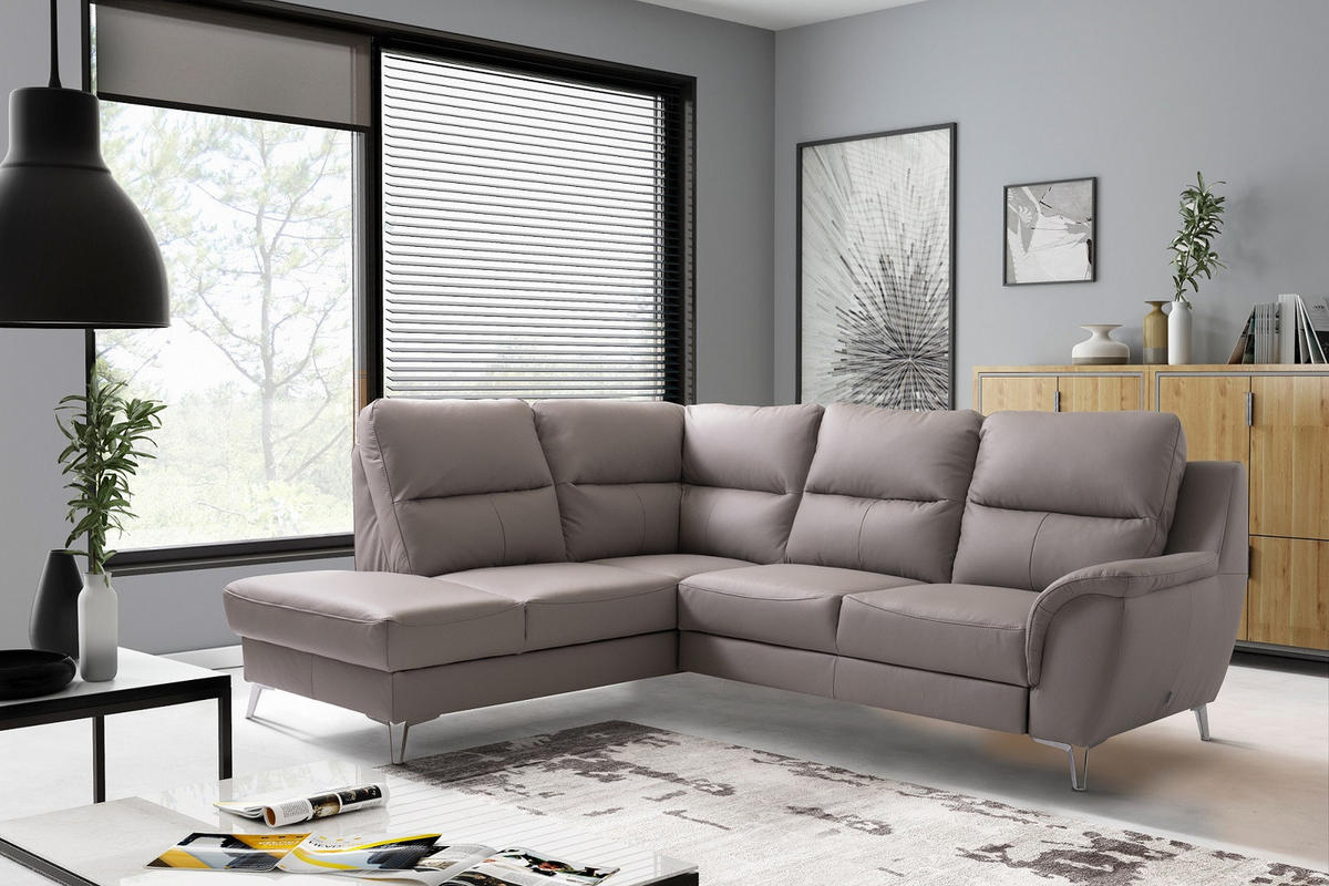 SJEDEĆA GARNITURA tekstil, koža  sivo-smeđa   - sivo-smeđa/boje kroma, koža/tekstil (200/99/246cm) - Celina Home