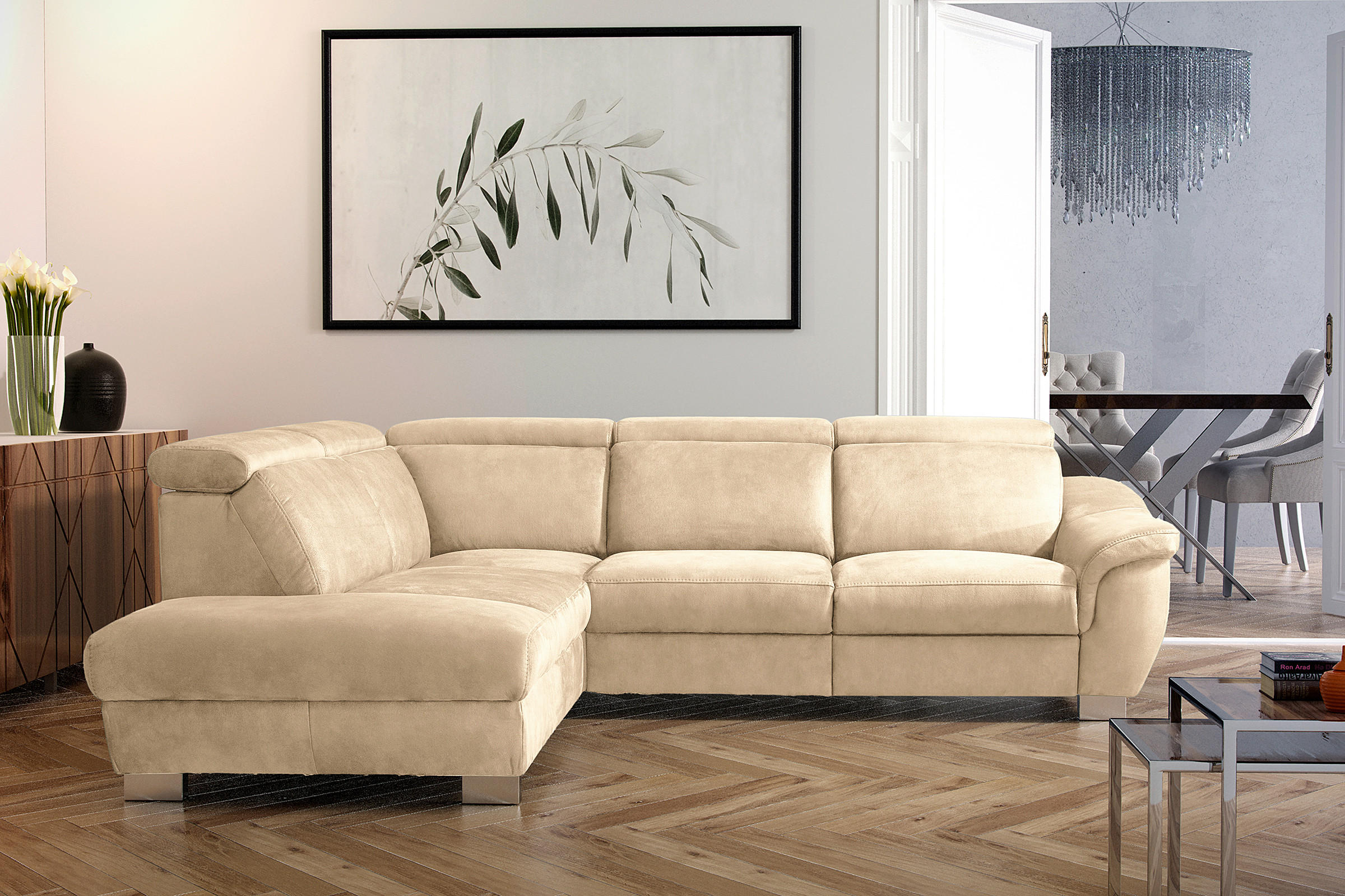 ECKSOFA Beige Mikrofaser Rücken echt, Relaxfunktion, Kopfteilverstellung  - Chromfarben/Beige, Design, Textil/Metall (238/276cm) - Livetastic