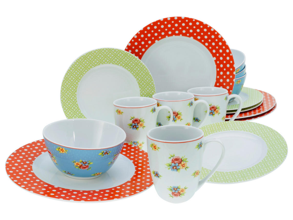 KOMBISERVICE Blau, Gelb, Grün, Rot, Weiß 16-teilig 4 Personen  - Blau/Gelb, Keramik (32/31,5/33cm) - Creatable