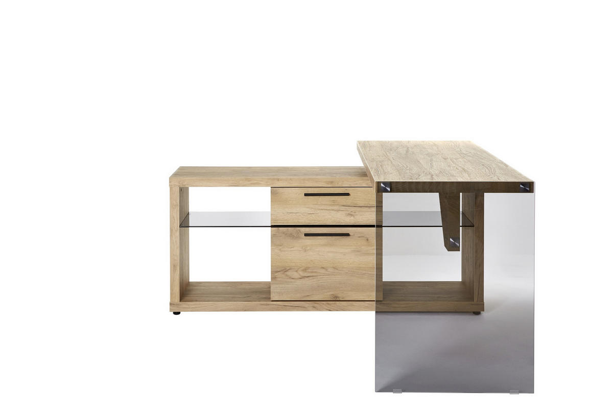 ECKSCHREIBTISCH 141,8/140/74 cm  in Eichefarben  - Eichefarben/Schwarz, Design, Glas/Holzwerkstoff (141,8/140/74cm)