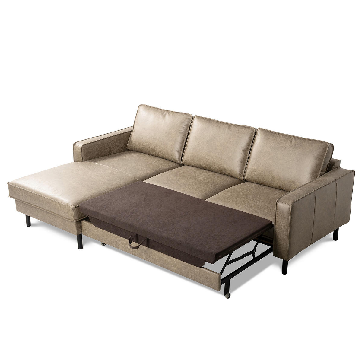 ECKSOFA Hellgrau Echtleder Lederlook Bettkasten, Schlaffunktion, Rücken echt  - Hellgrau/Schwarz, Design, Leder/Textil (166/238cm) - Livetastic