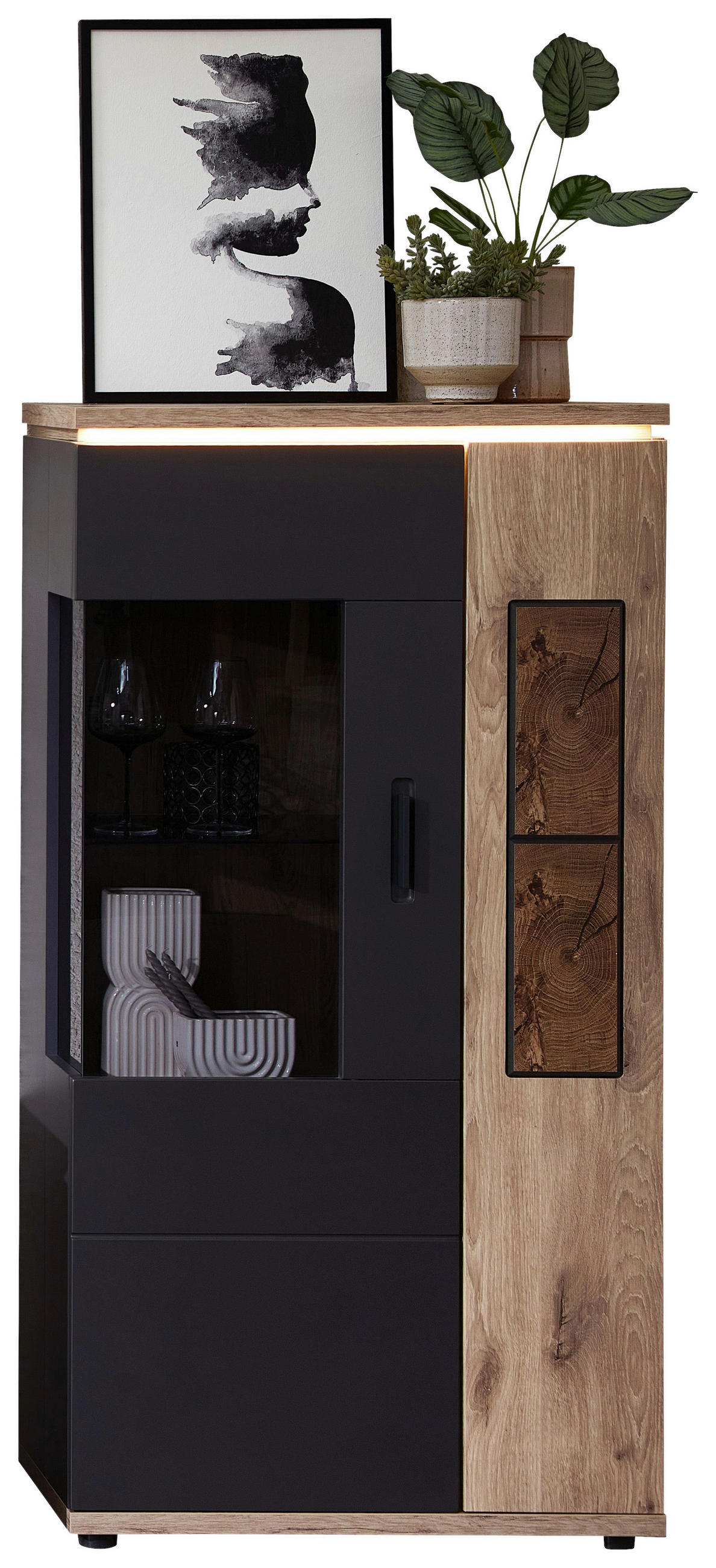 HIGHBOARD Graphitfarben, Eichefarben  75/146/37 cm  - Eichefarben/Graphitfarben, MODERN, Glas/Holzwerkstoff (75/146/37cm) - Stylife