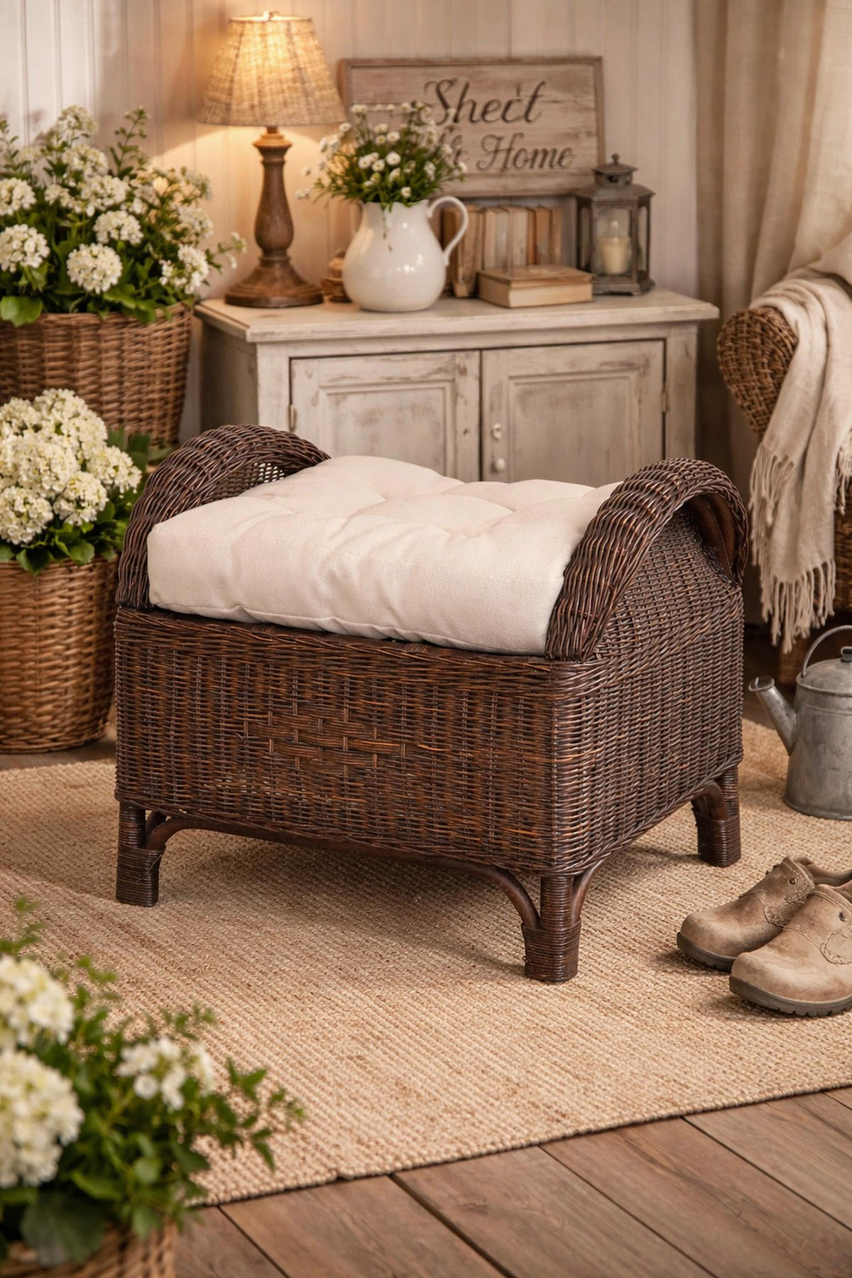 HOCKER Rattan Braun  - Creme/Braun, Natur, Holz/Textil (52/65/50cm) - MID.YOU