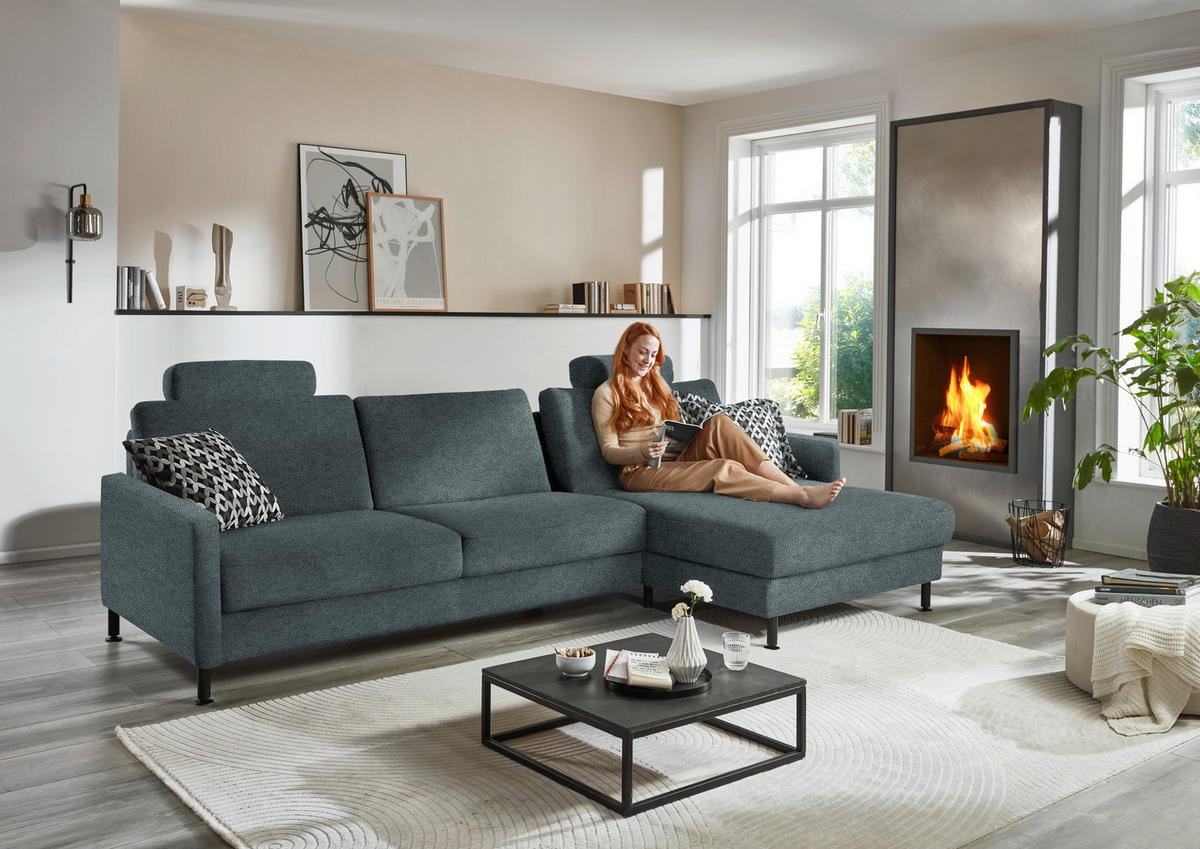 ECKSOFA  in Chenille, Flachgewebe Blau  316/175 cm  - Blau/Schwarz, Design, Textil/Metall (316/175cm) - Dieter Knoll