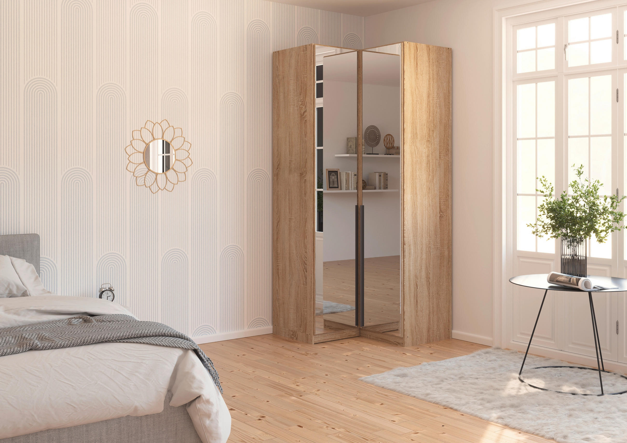 Thumbnail - Rauch Möbel Eckkleiderschrank Rauch Alabama, Sonoma Eiche, Glas, 7 Fächer, 100x229x102 cm, Blauer Engel, Goldenes M, BQ ...