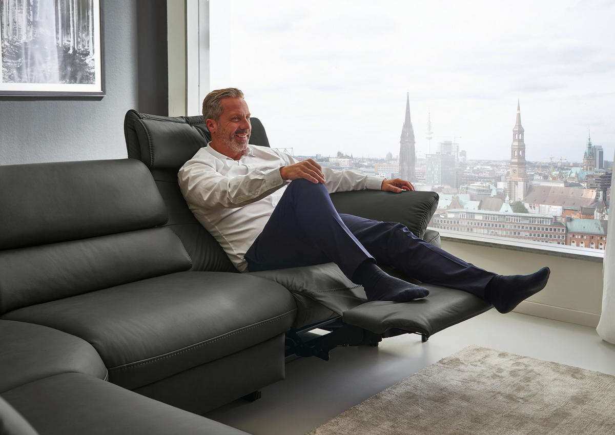 ECKSOFA Valdera Schwarz Echtleder  - Schwarz, Design, Leder/Metall (246/280cm) - Hukla