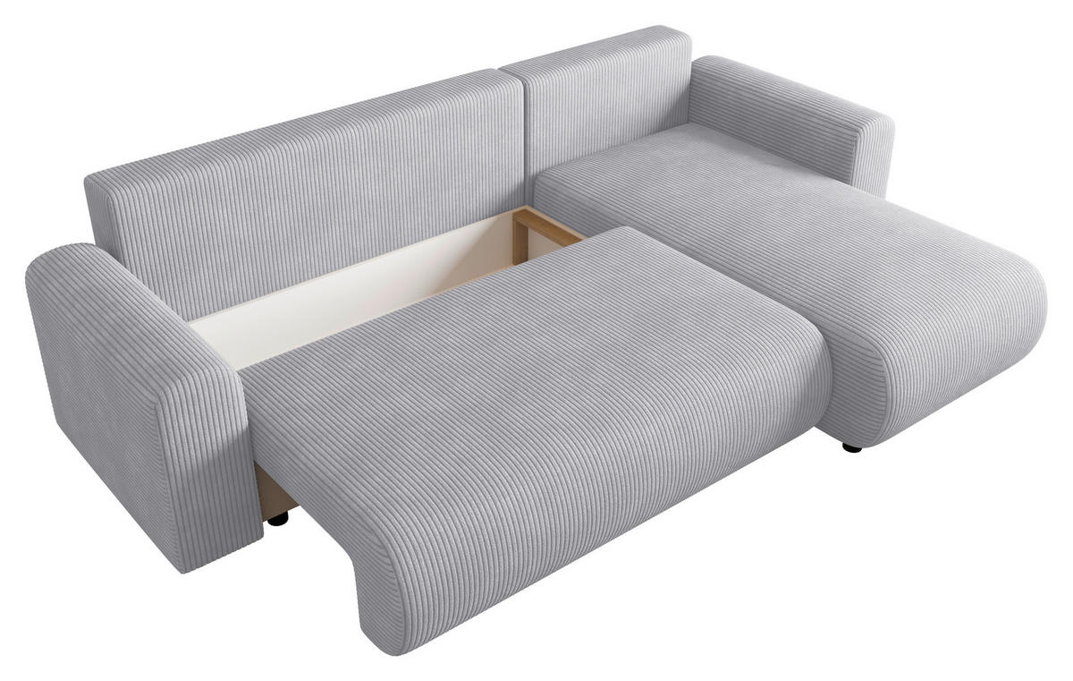 ECKSOFA Hellgrau Cord Zierkissen, Rückenkissen, Schlaffunktion, Rücken echt, Stauraum, Liegefläche im Originalstoff  - Hellgrau/Schwarz, KONVENTIONELL, Kunststoff/Textil (246/152cm) - Xora