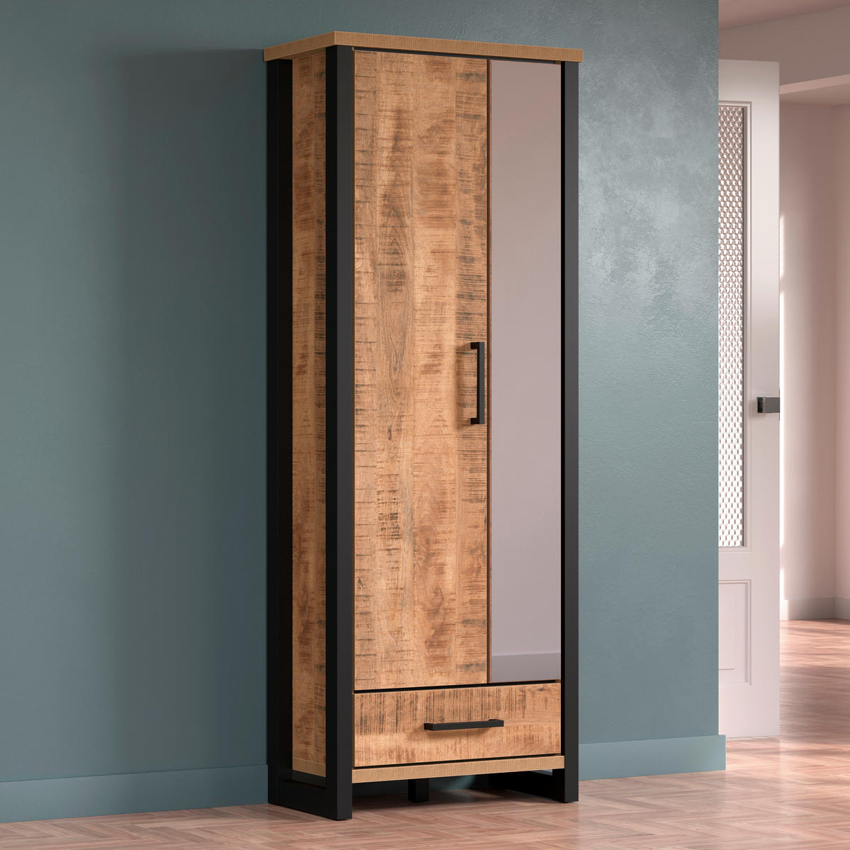 GARDEROBENSCHRANK ENNA GD  in 73/195/39 cm  - Schwarz/Naturfarben, Basics, Glas/Holzwerkstoff (73/195/39cm) - MID.YOU