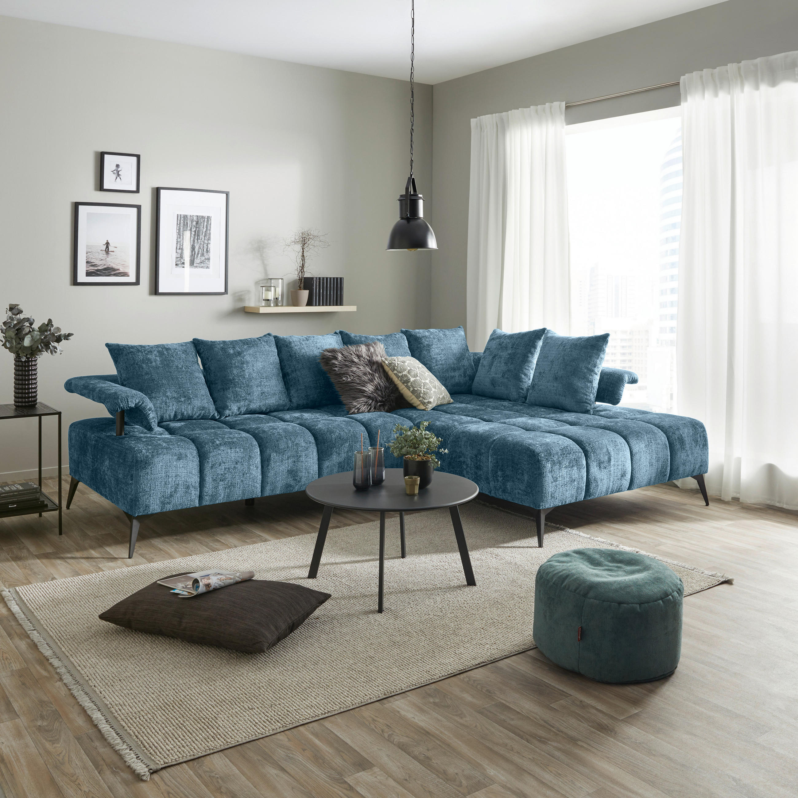ECKSOFA VANESSA Blau Flachgewebe  - Blau/Schwarz, MODERN, Kunststoff/Textil (297/200cm) - Livetastic