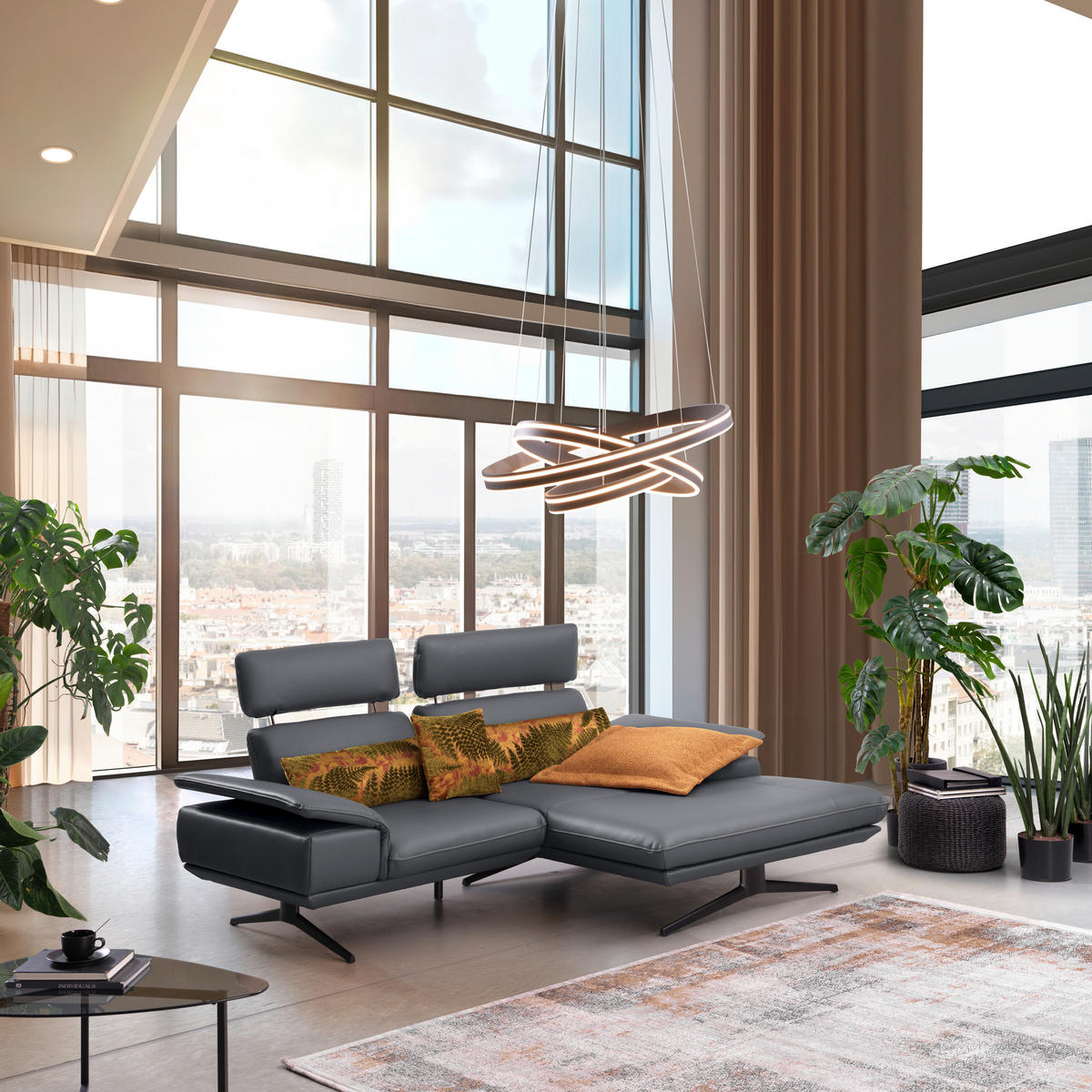 ECKSOFA in Echtleder Dunkelgrau  239/150 cm  - Dunkelgrau/Beige, Design, Leder/Metall (239/150cm) - Koinor