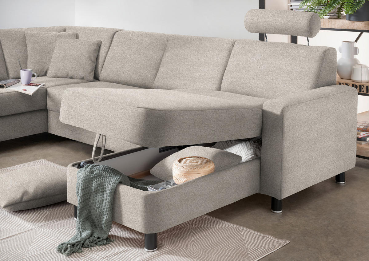 WOHNLANDSCHAFT in Webstoff Beige  - Beige/Schwarz, Design, Holz/Textil (198/296/165cm) - Xora