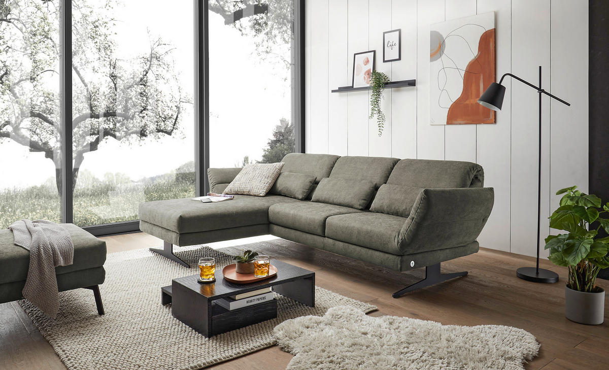 ECKSOFA Grün Flachgewebe Armteilverstellung, Relaxfunktion, Drehsitzfunktion, Rücken echt  - Schwarz/Grün, Design, Textil/Metall (176-217/259-307cm) - Dieter Knoll