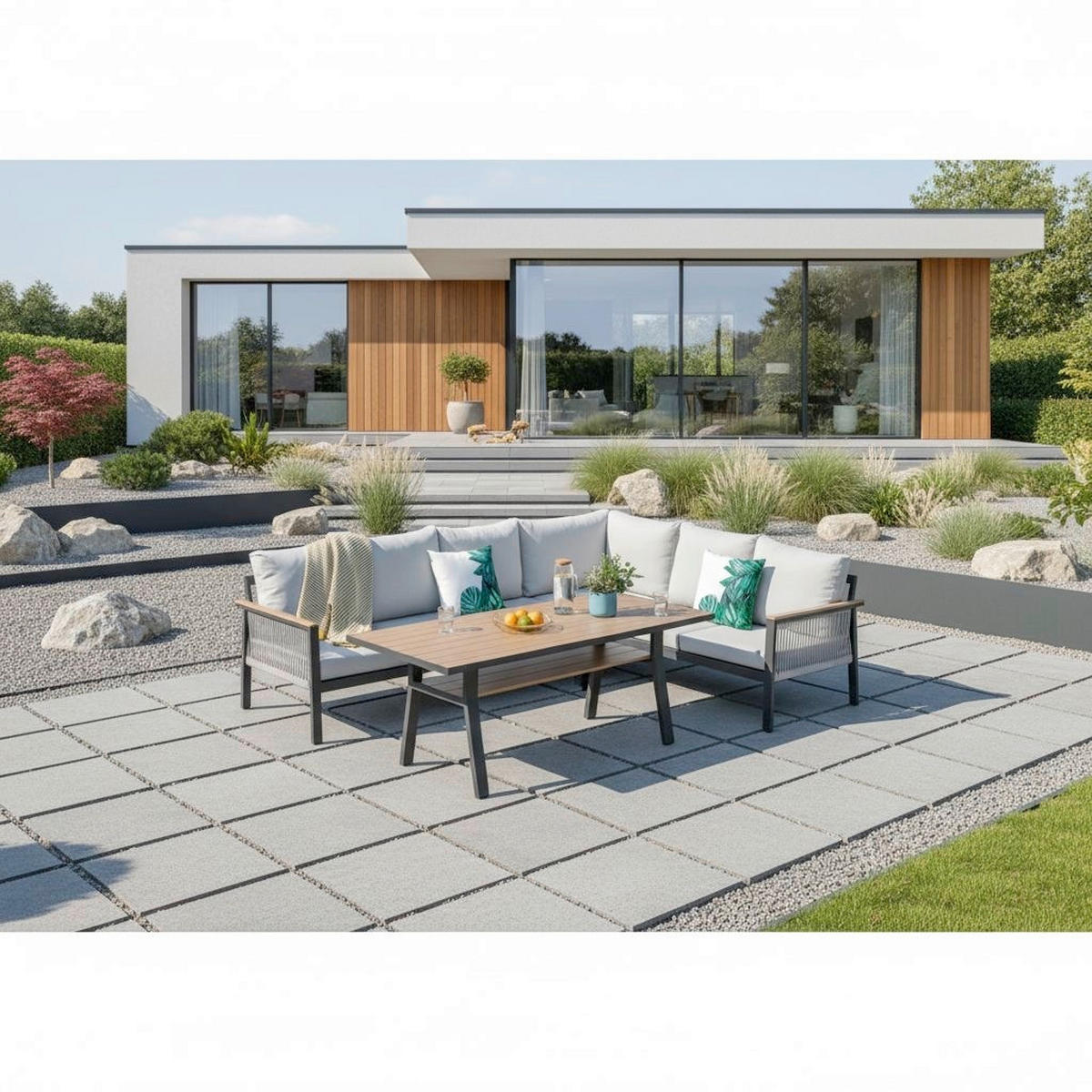 DINING-LOUNGESET Aluminium  - Ecru/Anthrazit, MODERN, Textil/Metall - Gardenson