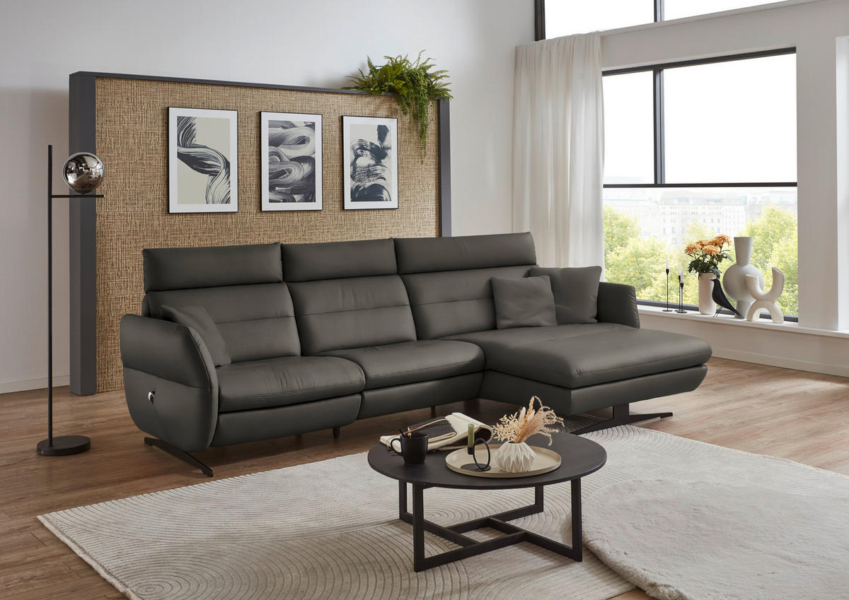 ECKSOFA in Echtleder Dunkelgrau  - Dunkelgrau/Schwarz, Design, Leder/Metall (300/157cm) - Dieter Knoll