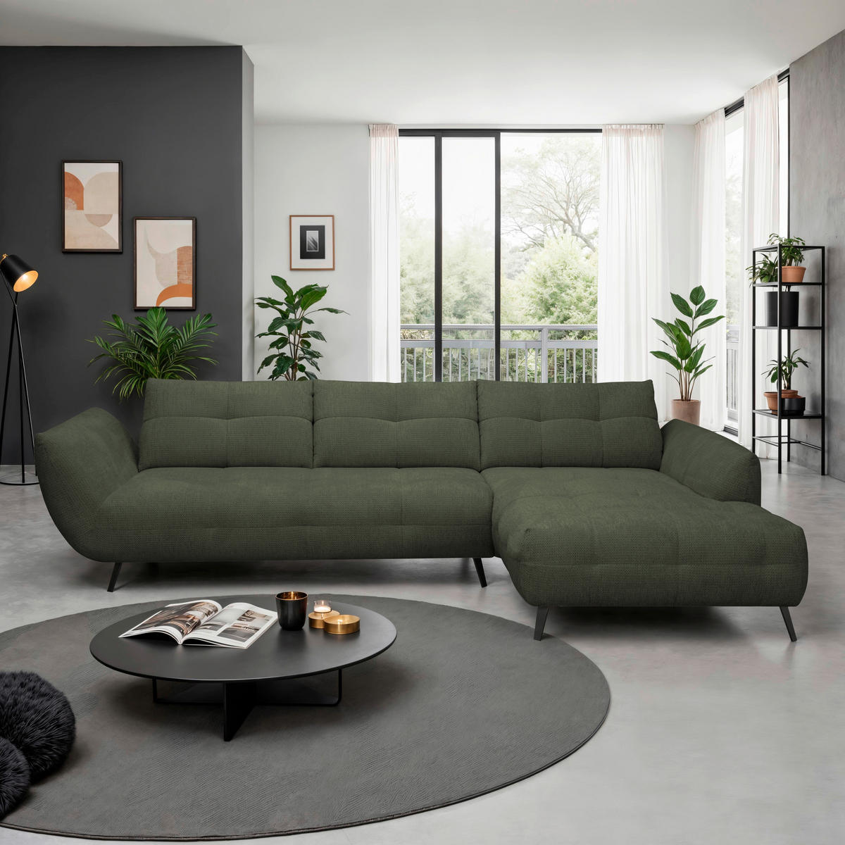 ECKSOFA Dunkelgrün Chenille Armlehnenkissen, Rücken echt, Sitztiefenverstellung  - Dunkelgrün/Schwarz, KONVENTIONELL, Textil/Metall (313/215cm) - Hom`in