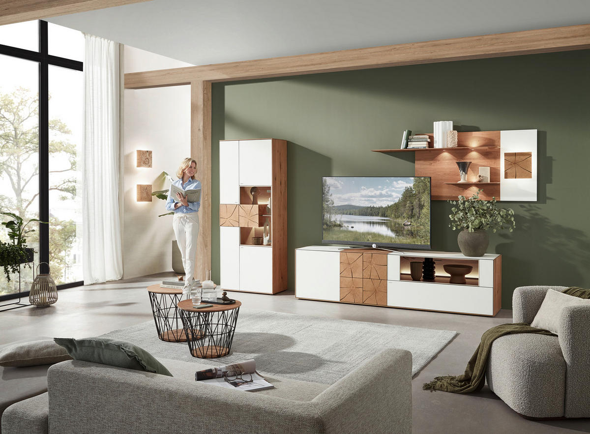 WOHNWAND  in Weiss, Eichefarben 271/196/49 cm  - Weiss/Eichefarben, Design, Glas/Holz (271/196/49cm) - Valnatura