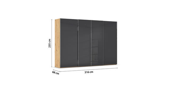 SCHWEBETÜRENSCHRANK 316/235/68 cm 4-türig Grau, Eiche Artisan - Chromfarben/Eiche Artisan, Design, Glas/Holzwerkstoff (316/235/68cm) - Novel