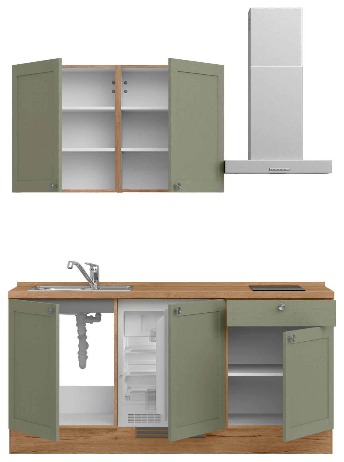 KÜCHENBLOCK Frame 180 cm  in Eichefarben, Olivgrün  - Edelstahlfarben/Eichefarben, MODERN, Holzwerkstoff/Metall (180cm) - Nobilia