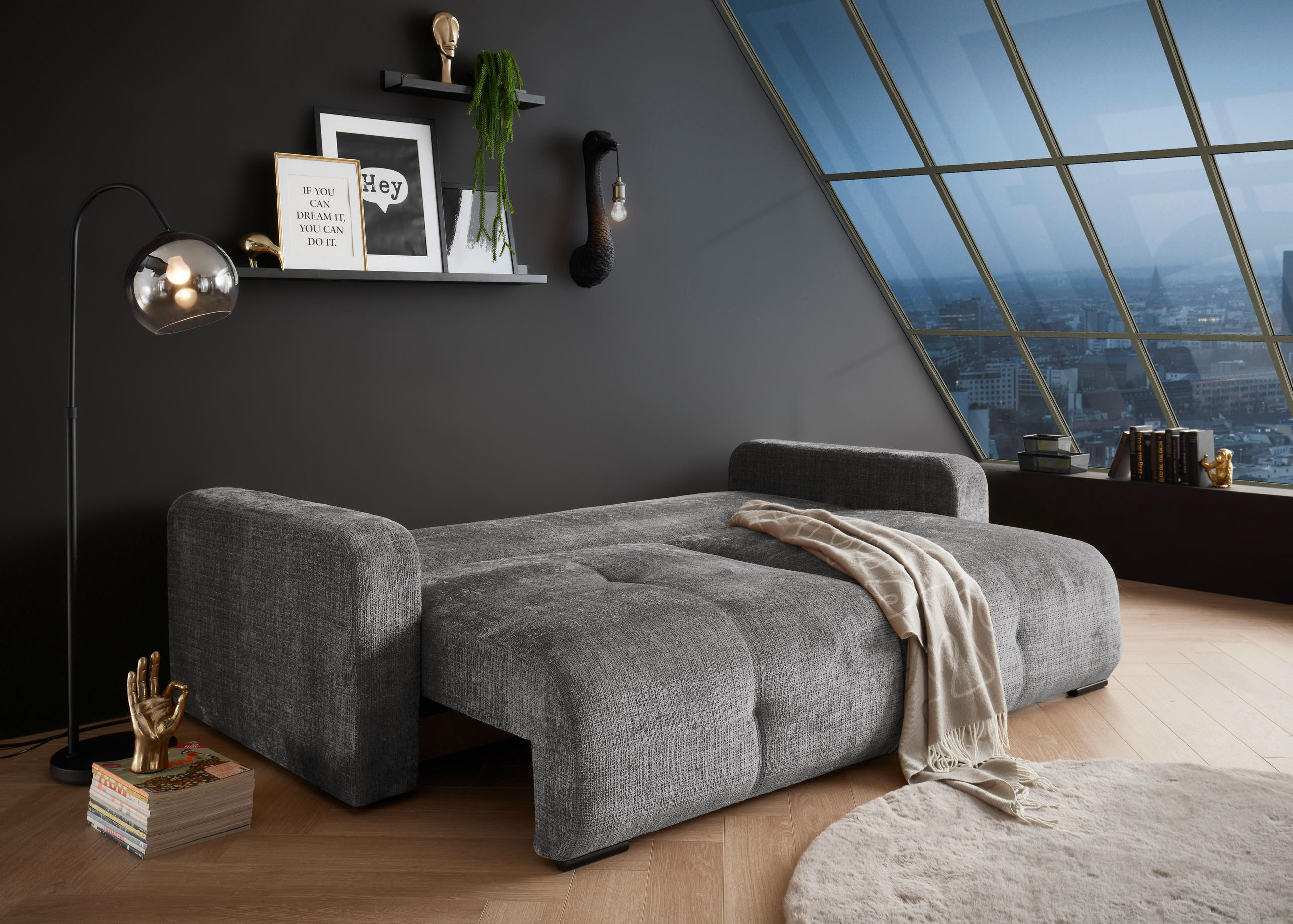 SCHLAFSOFA Chenille Grau  - Schwarz/Grau, KONVENTIONELL, Kunststoff/Textil (235/88/120cm) - MID.YOU