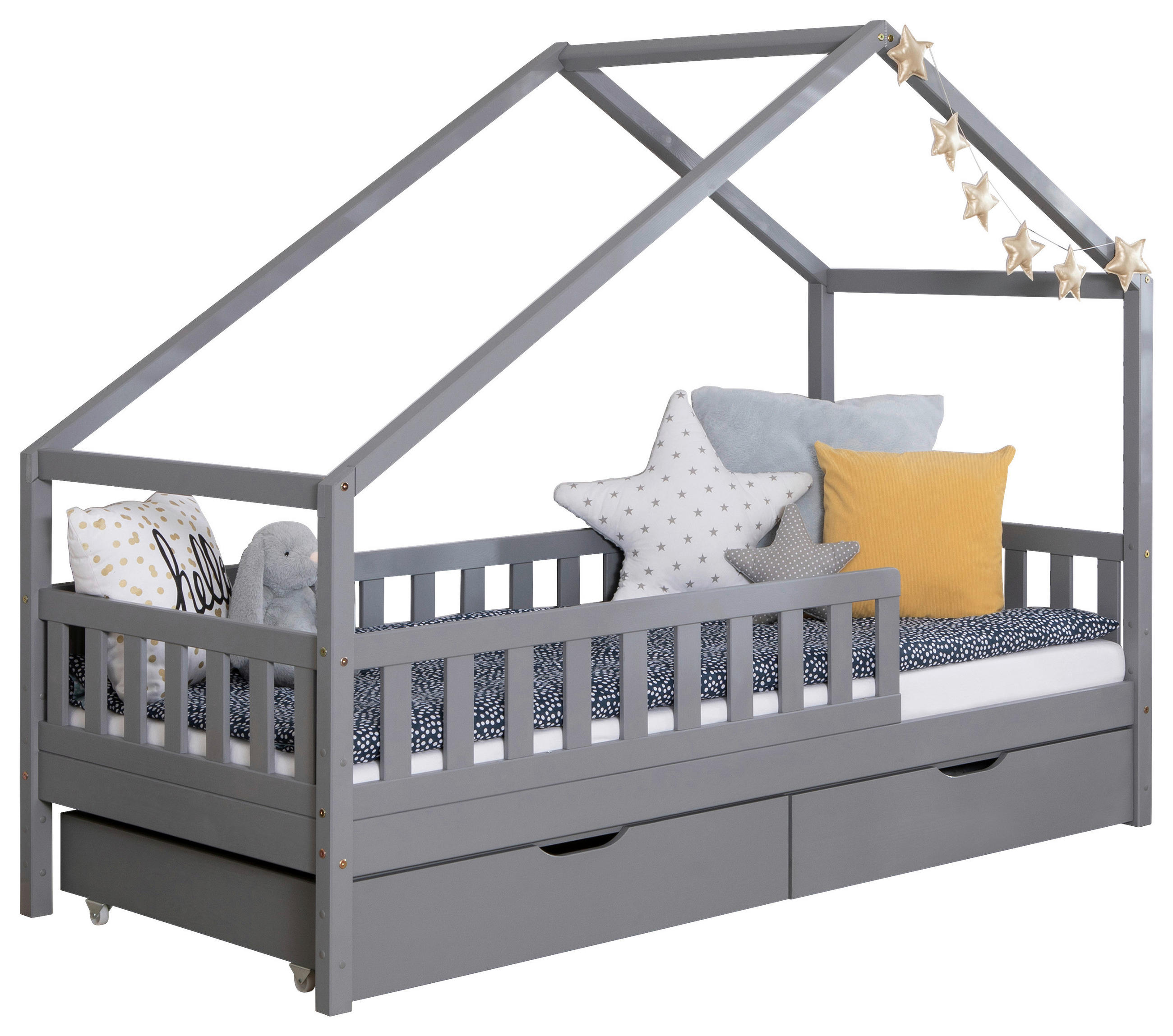 HAUSBETT Absturzsicherung, Rollrost, Bettschublade 120/200 cm  in Hellgrau  - Hellgrau/Naturfarben, MODERN, Holz (120/200cm) - MID.YOU