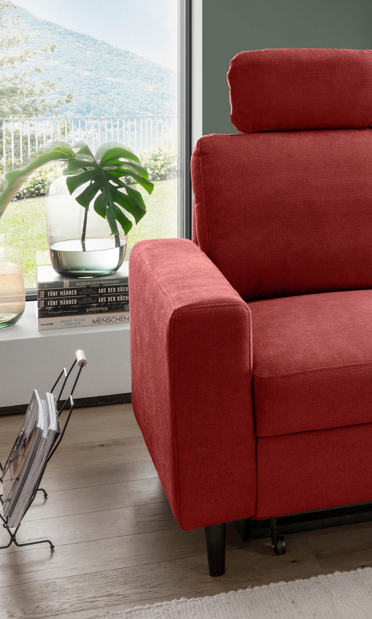 ECKSCHLAFSOFA in Chenille Rot  - Rot/Schwarz, Modern, Holz/Textil (234/147cm) - Livetastic