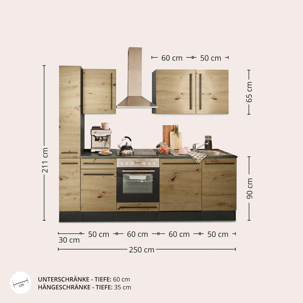 KÜCHENBLOCK   in Anthrazit, Eiche Artisan  - Anthrazit/Schwarz, LIFESTYLE, Holzwerkstoff/Kunststoff (250cm) - MID.YOU