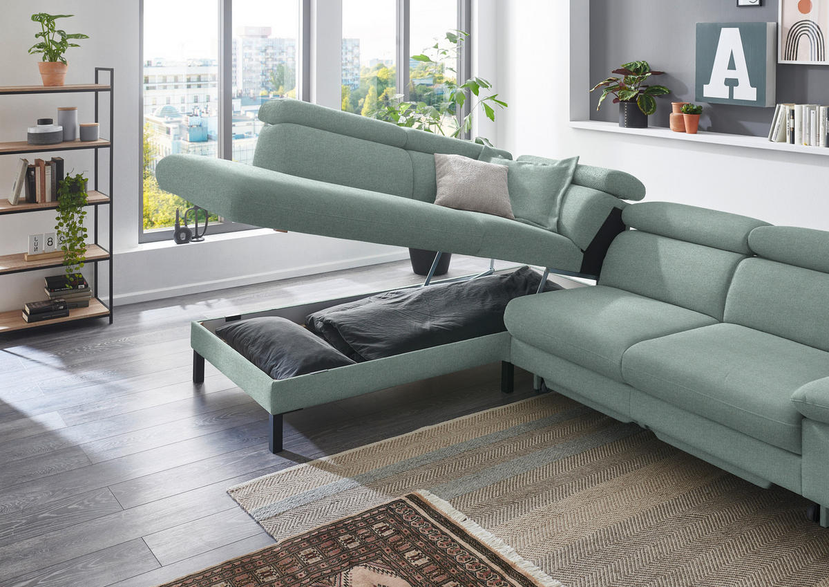 ECKSOFA in Flachgewebe Mintgrün  - Schwarz/Mintgrün, Design, Holzwerkstoff/Textil (217/272cm) - Pure Home Comfort