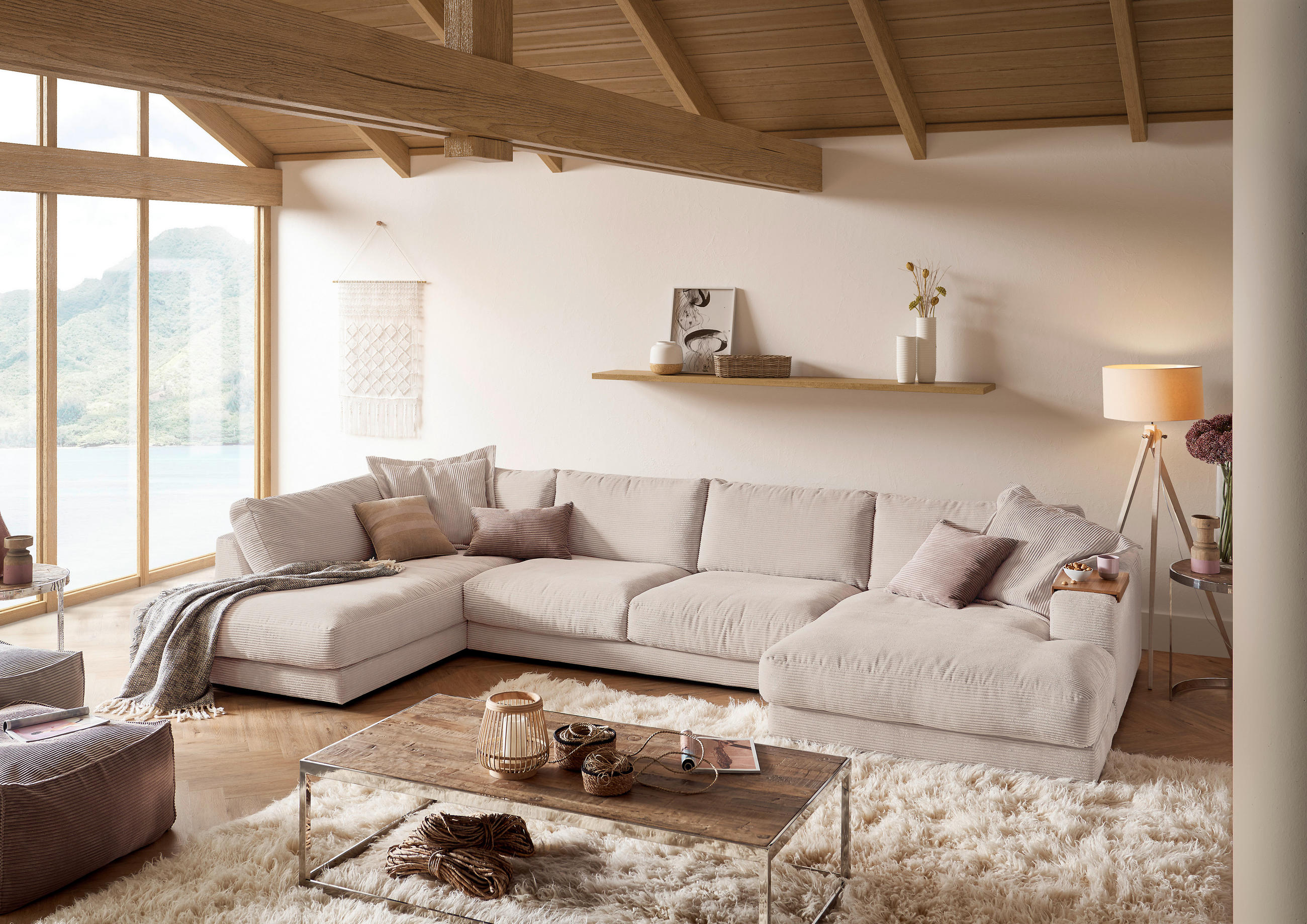 WOHNLANDSCHAFT Taupe Cord - Taupe/Schwarz, Design, Kunststoff/Textil (224/425/190cm) - Hom`in
