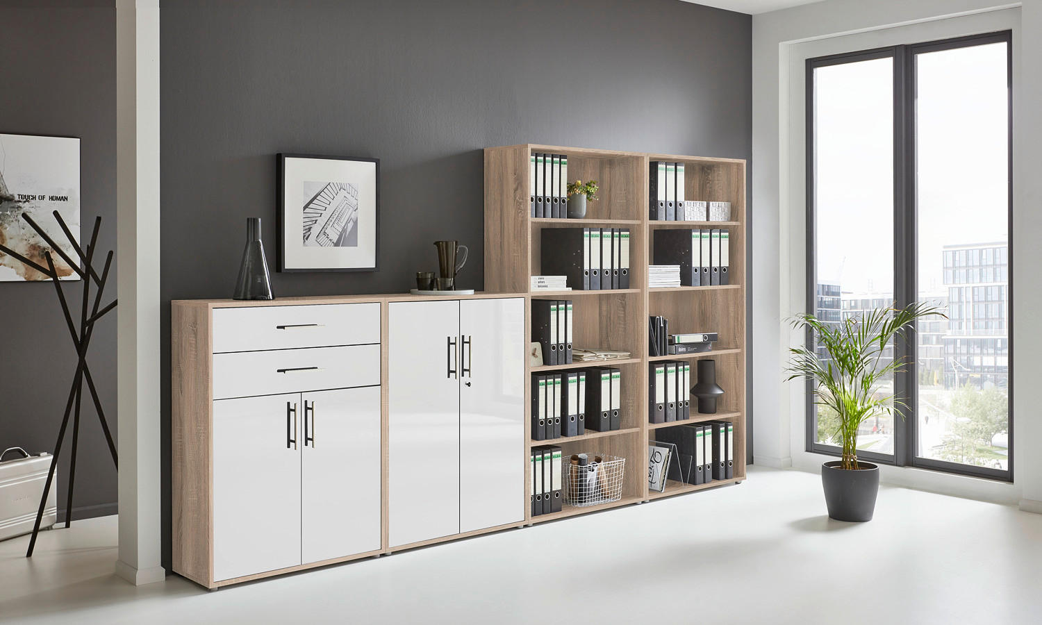 SKRINKA NA DOKUMENTY, farba duba, biela s vysokým leskom, 337,6/185,6/33 cm - biela s vysokým leskom/farba duba, Modern, kompozitné drevo (337,6/185,6/33cm) - MID.YOU