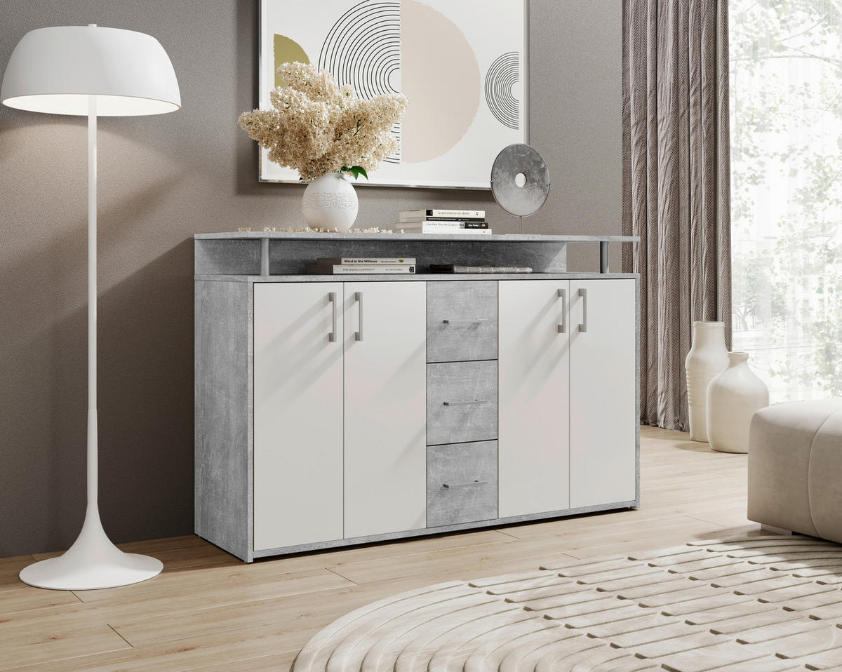 KOMODA   139/90/34 cm   siva, bijela  - bijela/srebrne boje, Design, drvni materijal/plastika (139/90/34cm) - Carryhome
