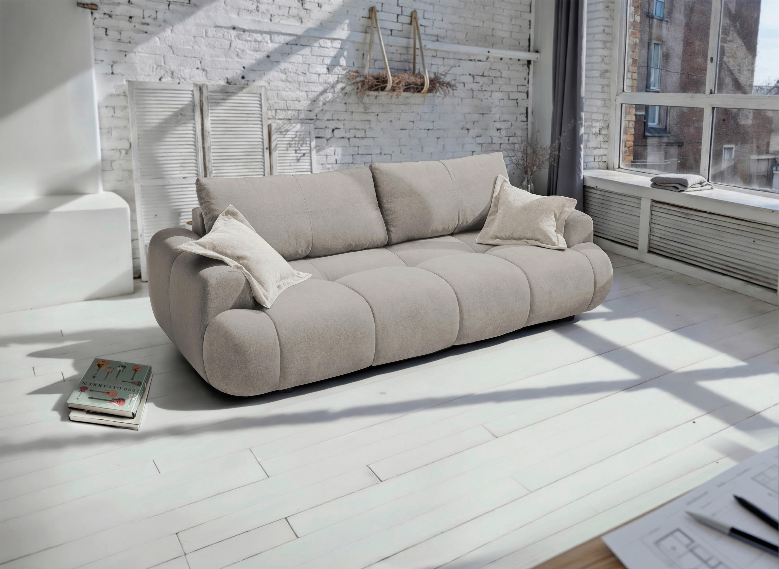 MID.YOU ROZKLÁDACÍ POHOVKA, plast, textil, kompozitní dřevo, béžová
