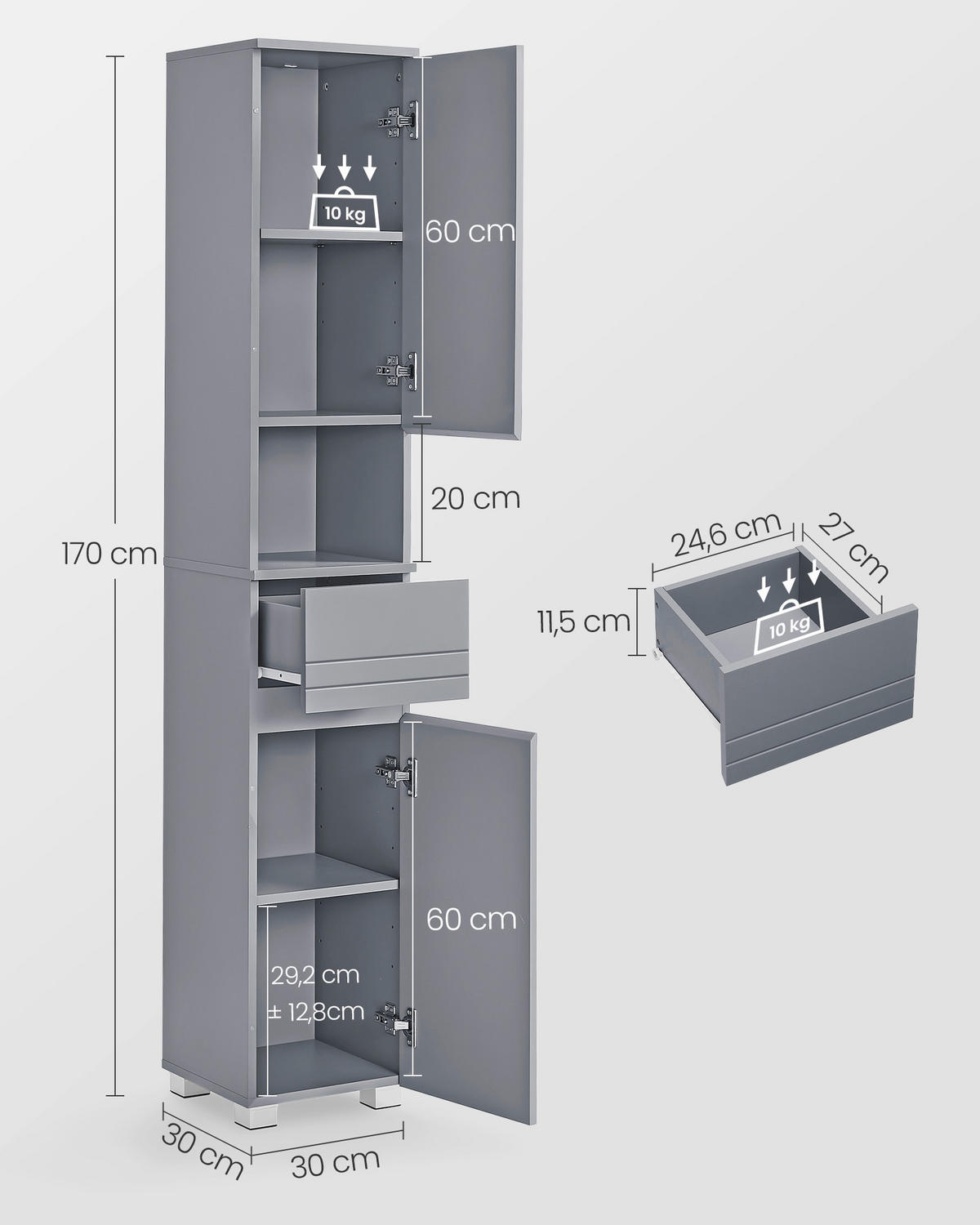 HOCHSCHRANK 30/170/30 cm  - Grau, Trend, Holzwerkstoff (30/170/30cm) - MID.YOU