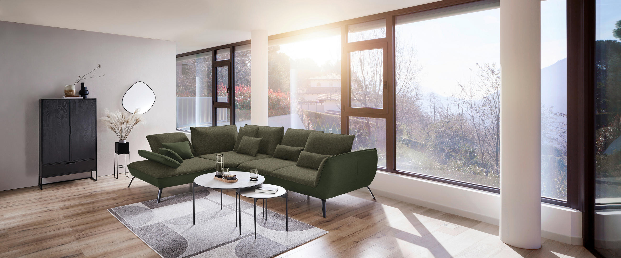 ECKSOFA in Flachgewebe Dunkelgrün - Dunkelgrün/Schwarz, Design, Textil/Metall (250/310cm) - Moderano